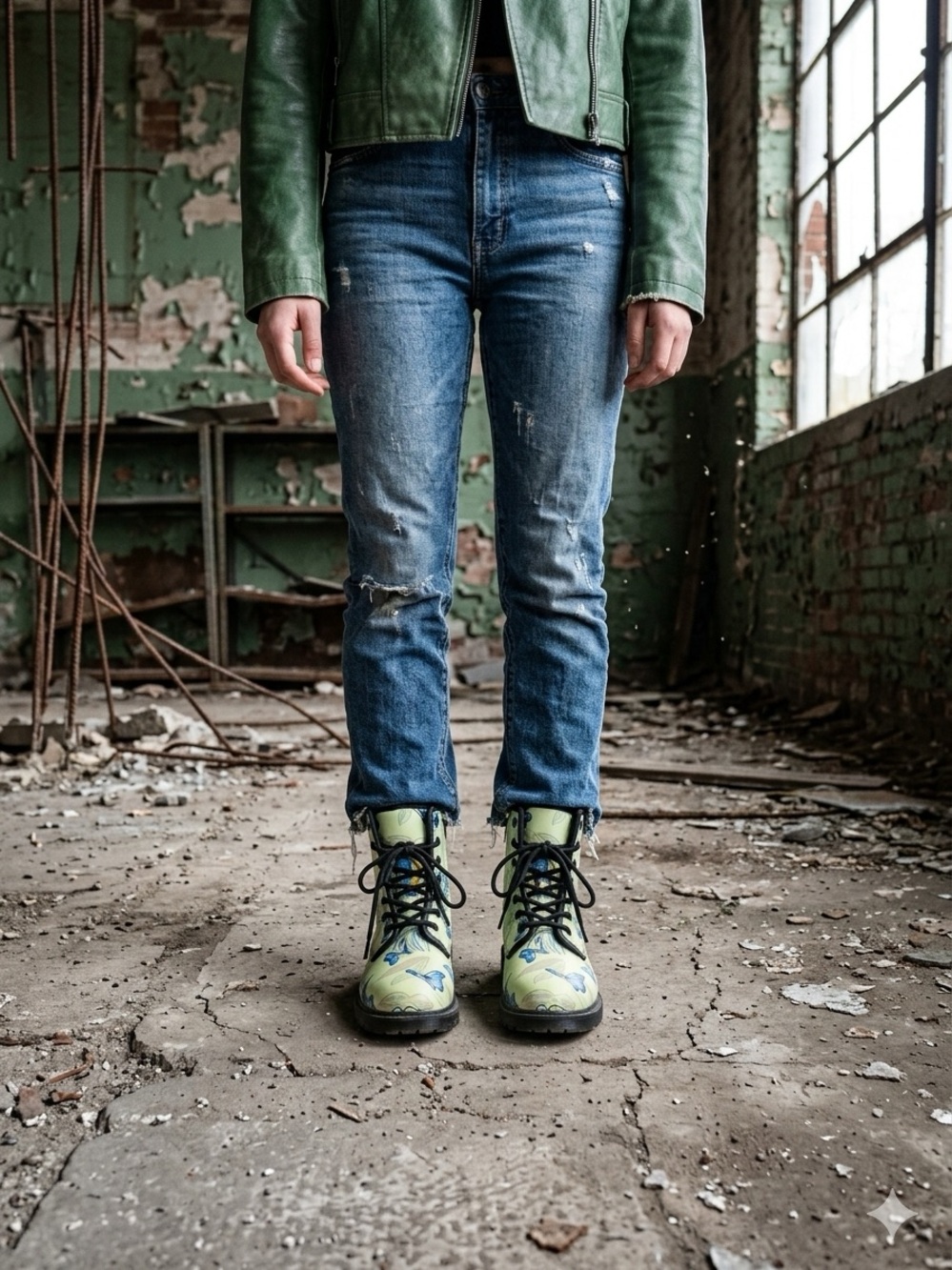 Patterned Green Lace-Up Combat Boots for Women
